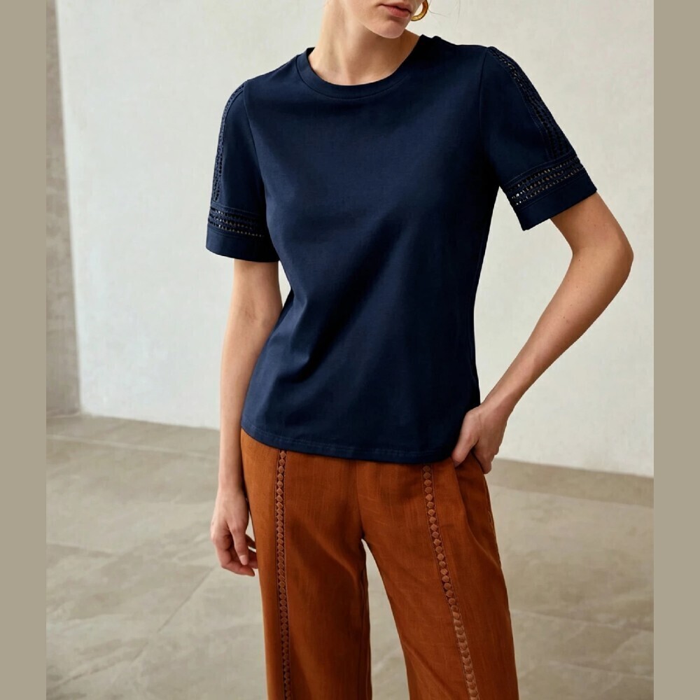 Navy Blue Cotton Knit Crochet Trim Short Sleeve Round Neck Tee